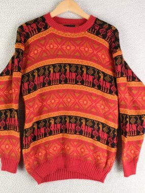 Artesanian Inka Sweater Womens Medium Red Orange Alpaca Wool Llama Southwestern
